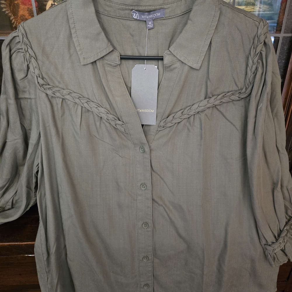 Wit & Wisdom Green Puff Sleeve Blouse with Notched Collar